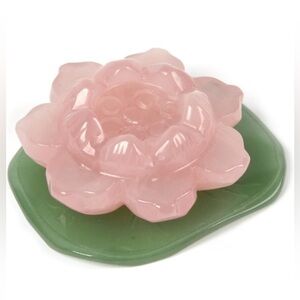 Beautiful Carved Rose Quartz Gemstone Lotus Flower Green Aventurine Lotus Leaf